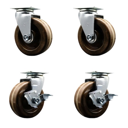 Service Caster 5'' High Temp Phenolic Swivel Caster Set with Bronze Bearings 2 Brakes, 4PK SCC-20S520-PHBZHT-2-TLB-2